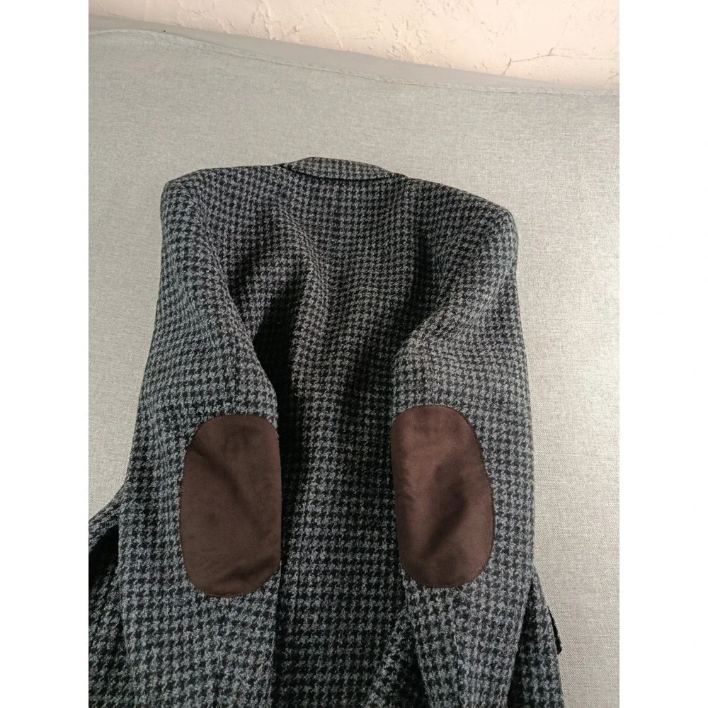 Harris Tweed Blazer Mens 38 S Charcoal Houndstouth Wool Elbow Patches Jacket